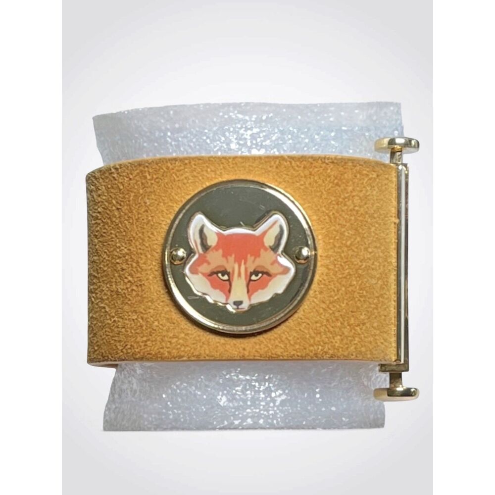 Tory Burch Cuff Bracelet Fox Coin Yellow Suede Leather Gold Tone Hardware Wide